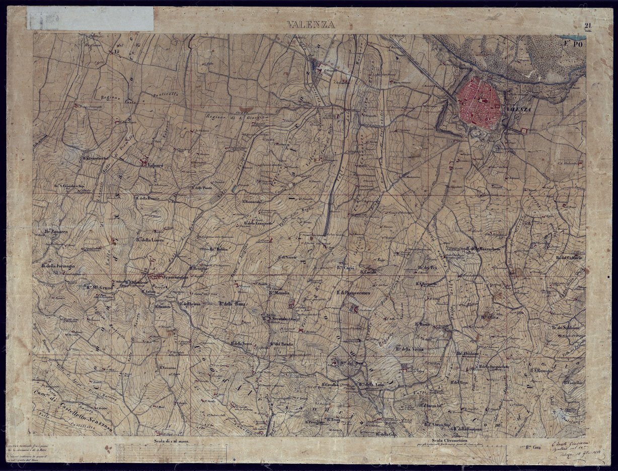 (N:8564) TERRITORIO COMPRESO TRA ALESSANDRIA, CASALE, VOLPEDO E TRA PAVIA, CASTEGGIO E PIACENZA VALENZA - FOGLIO 21. (CA002159) Carte e stampe antiche: riproduzione a colori su carta (formato A1)