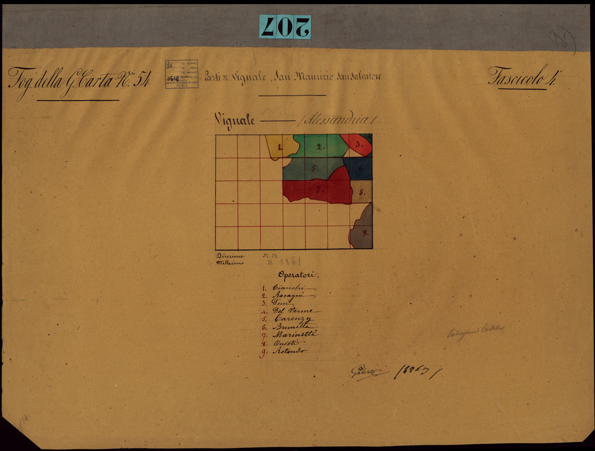 (N:23619) GRUPPO DI 132 FRAZIONI DI MINUTE DI CAMPAGNA ALLA SCALA 1:10.000 DEI RILEVAMENTI ESEGUITI NEL 1853-1867 - VIGNALE - FASCICOLO 4 - QUADRO D'UNIONE DEI RILIEVI DEGLI OPERATORI DEL FOGLIO DELLA GRAN CARTA N. 54. (CA002227) Carte e stampe antiche: riproduzione a colori su carta (formato A1)