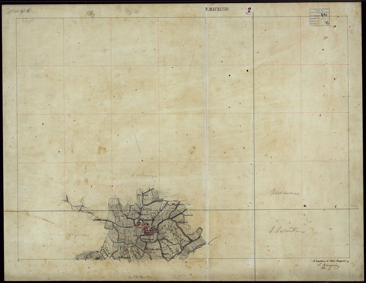 (N:23621) GRUPPO DI 132 FRAZIONI DI MINUTE DI CAMPAGNA ALLA SCALA 1:10.000 DEI RILEVAMENTI ESEGUITI NEL 1853-1867 - S. MAURIZIO - RILIEVI OPERATORE N. 2. (CA002229) Carte e stampe antiche: riproduzione a colori su carta (formato A1)