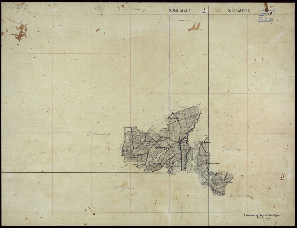 (N:23624) GRUPPO DI 132 FRAZIONI DI MINUTE DI CAMPAGNA ALLA SCALA 1:10.000 DEI RILEVAMENTI ESEGUITI NEL 1853-1867 - S. MAURIZIO - Rilievi operatore n. 4  - S. SALVATORE - Rilievi operatore n. 5 (CA002232) Carte e stampe antiche: riproduzione a colori su carta (formato A1)