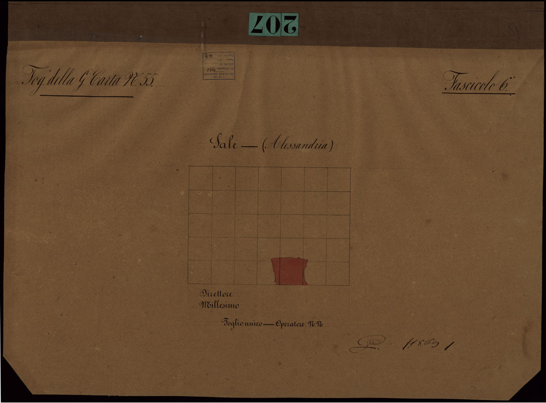 (N:23632) GRUPPO DI 132 FRAZIONI DI MINUTE DI CAMPAGNA ALLA SCALA 1:10.000 DEI RILEVAMENTI ESEGUITI NEL 1853-1867 - SALE - FASCICOLO 6 - QUADRO D'UNIONE DEI RILIEVI DEGLI OPERATORI DEL FOGLIO DELLA GRAN CARTA N. 55. (CA002240) Carte e stampe antiche: riproduzione a colori su carta (formato A1)