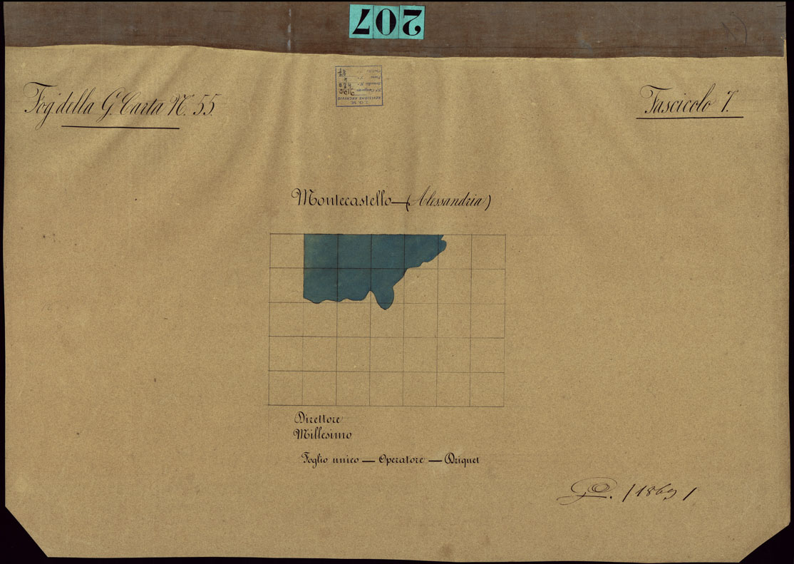 (N:23634) GRUPPO DI 132 FRAZIONI DI MINUTE DI CAMPAGNA ALLA SCALA 1:10.000 DEI RILEVAMENTI ESEGUITI NEL 1853-1867 - MONTECASTELLO - FASCICOLO 7 - QUADRO D'UNIONE DEI RILIEVI DEGLI OPERATORI DEL FOGLIO DELLA GRAN CARTA N. 55. (CA002242) Carte e stampe antiche: riproduzione a colori su carta (formato A1)
