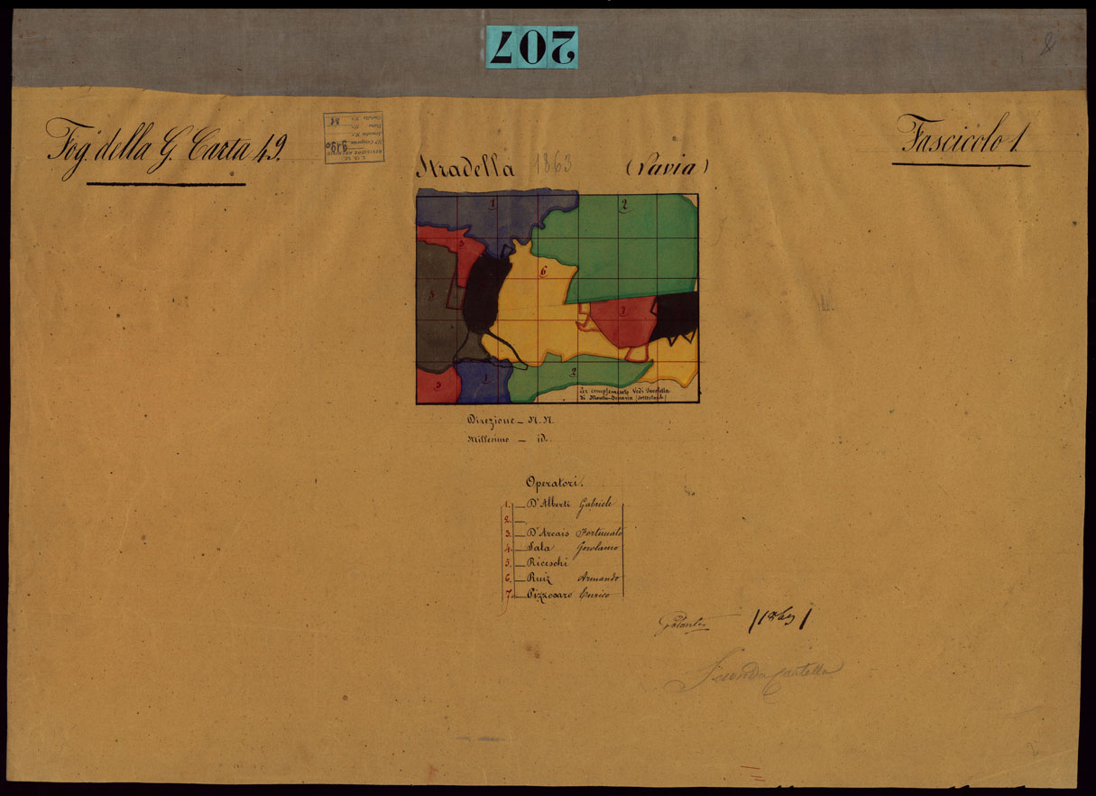 (N:23664) GRUPPO DI 132 FRAZIONI DI MINUTE DI CAMPAGNA ALLA SCALA 1:10.000 DEI RILEVAMENTI ESEGUITI NEL 1853-1867 - STRADELLA -  FASCICOLO 1 - QUADRO D'UNIONE DEI RILIEVI DEGLI OPERATORI DEL FOGLIO DELLA GRAN CARTA N.42. (CA002272) Carte e stampe antiche: riproduzione a colori su carta (formato A1)