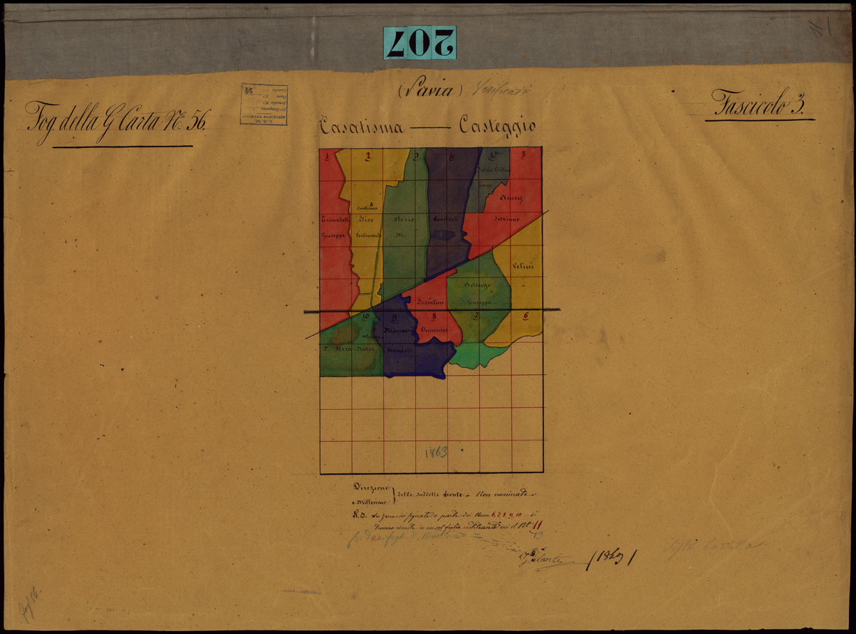 (N:23685) GRUPPO DI 132 FRAZIONI DI MINUTE DI CAMPAGNA ALLA SCALA 1:10.000 DEI RILEVAMENTI ESEGUITI NEL 1853-1867 - CASATISMA - CASTEGGIO - FASCICOLO 3 - QUADRO D'UNIONE DEI RILIEVI DEGLI OPERATORI DEL FOGLIO DELLA GRAN CARTA N.56. (CA002293) Carte e stampe antiche: riproduzione a colori su carta (formato A1)