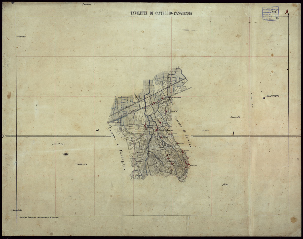 (N:23694) GRUPPO DI 132 FRAZIONI DI MINUTE DI CAMPAGNA ALLA SCALA 1:10.000 DEI RILEVAMENTI ESEGUITI NEL 1853-1867 - CASTANA - MONTU' BECCARIA - RILIEVI OPERATORE N. 8 (CA002302) Carte e stampe antiche: riproduzione a colori su carta (formato A1)