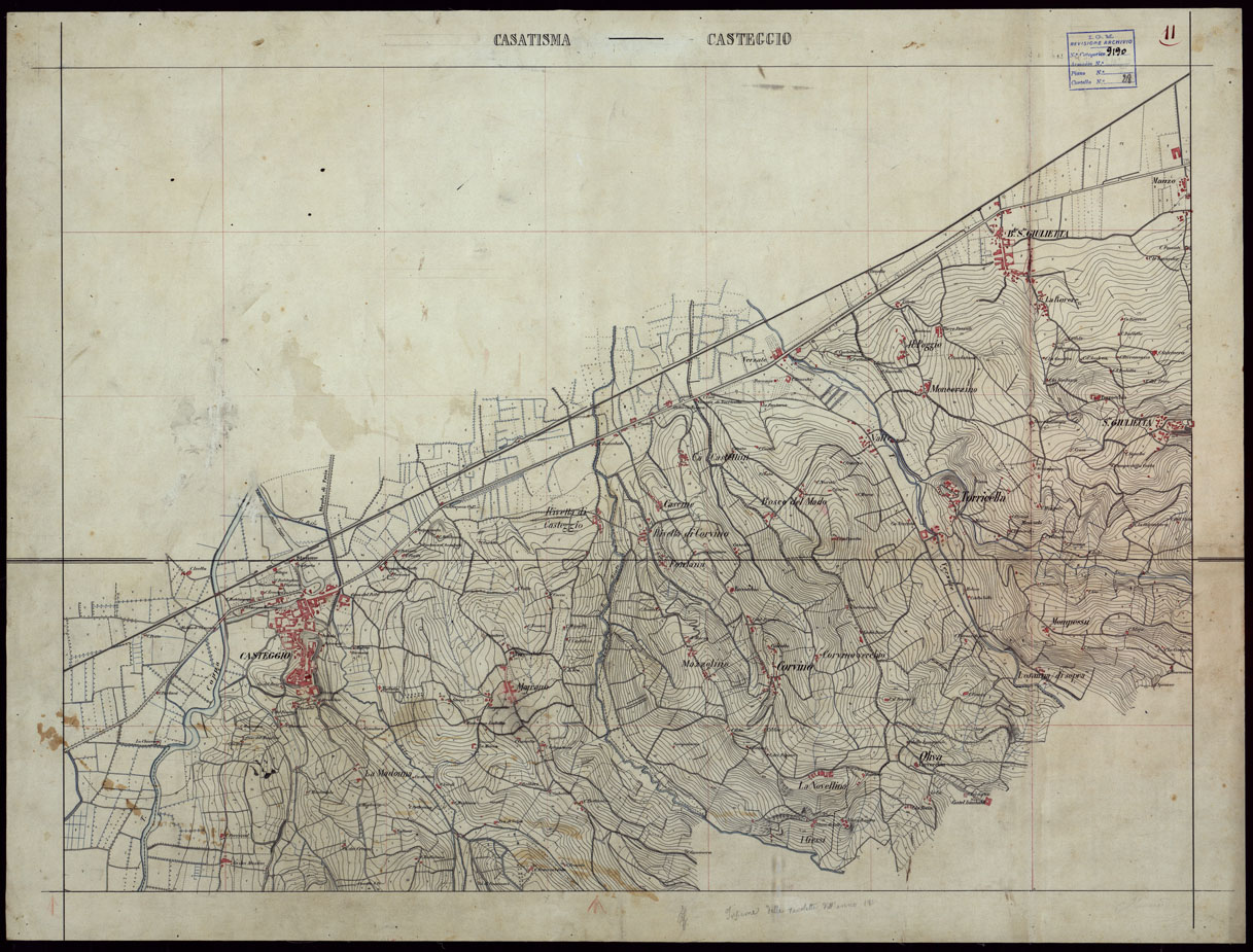 (N:23697) GRUPPO DI 132 FRAZIONI DI MINUTE DI CAMPAGNA ALLA SCALA 1:10.000 DEI RILEVAMENTI ESEGUITI NEL 1853-1867 - CASTANA - MONTU' BECCARIA - RILIEVI OPERATORE N. 11 (CA002305) Carte e stampe antiche: riproduzione a colori su carta (formato A1)