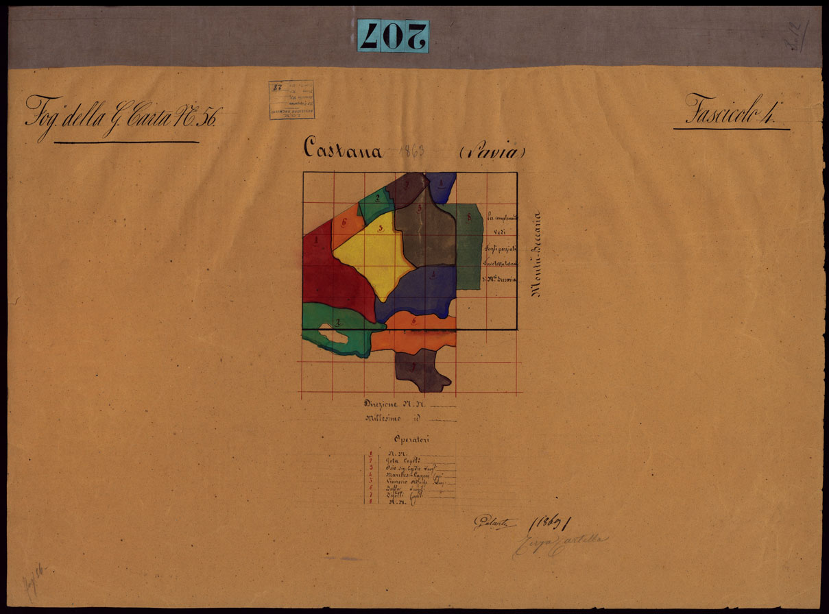 (N:23698) GRUPPO DI 132 FRAZIONI DI MINUTE DI CAMPAGNA ALLA SCALA 1:10.000 DEI RILEVAMENTI ESEGUITI NEL 1853-1867 - CASTANA - FASCICOLO 4 - QUADRO D'UNIONE DEI RILIEVI DEGLI OPERATORI DEL FOGLIO DELLA GRAN CARTA N. 55. (CA002306) Carte e stampe antiche: riproduzione a colori su carta (formato A1)