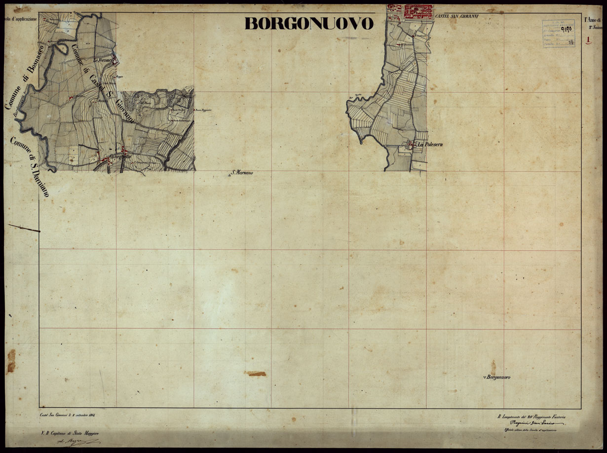 (N:23725) GRUPPO DI 132 FRAZIONI DI MINUTE DI CAMPAGNA ALLA SCALA 1:10.000 DEI RILEVAMENTI ESEGUITI NEL 1853-1867 - BORGONUOVO - RILIEVI OPERATORI N. 1 (CA002333) Carte e stampe antiche: riproduzione a colori su carta (formato A1)