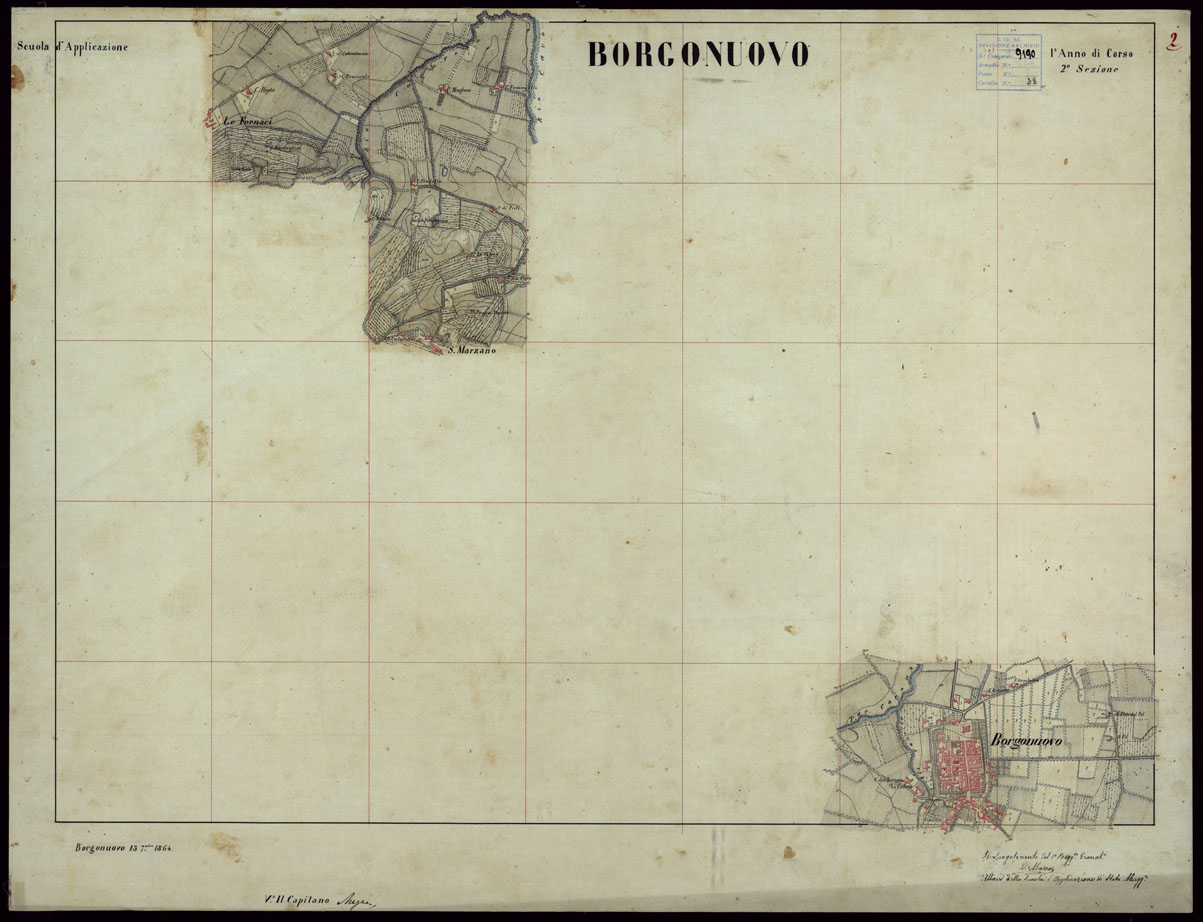 (N:23726) GRUPPO DI 132 FRAZIONI DI MINUTE DI CAMPAGNA ALLA SCALA 1:10.000 DEI RILEVAMENTI ESEGUITI NEL 1853-1867 - BORGONUOVO - RILIEVI OPERATORE N. 2 (CA002334) Carte e stampe antiche: riproduzione a colori su carta (formato A1)