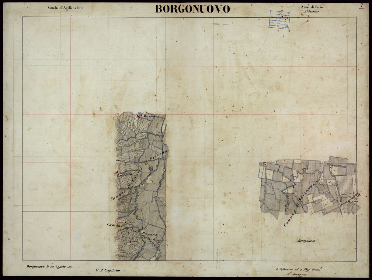 (N:23731) GRUPPO DI 132 FRAZIONI DI MINUTE DI CAMPAGNA ALLA SCALA 1:10.000 DEI RILEVAMENTI ESEGUITI NEL 1853-1867 - BORGONUOVO - RILIEVI OPERATORE N. 7 (CA002339) Carte e stampe antiche: riproduzione a colori su carta (formato A1)