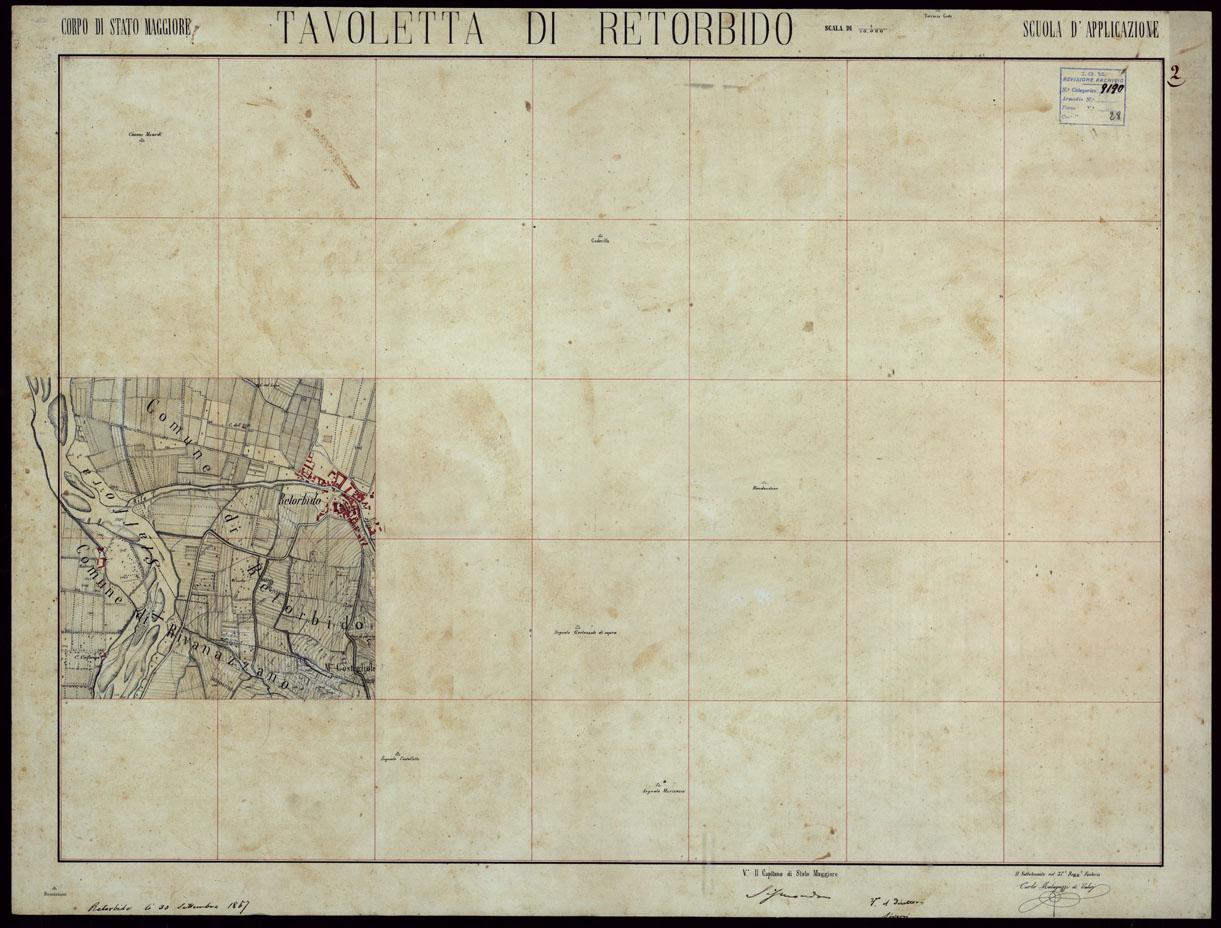 (N:23743) GRUPPO DI 132 FRAZIONI DI MINUTE DI CAMPAGNA ALLA SCALA 1:10.000 DEI RILEVAMENTI ESEGUITI NEL 1853-1867 - RETORBIDO - RILIEVI OPERATORE N. 2 (CA002351) Carte e stampe antiche: riproduzione a colori su carta (formato A1)