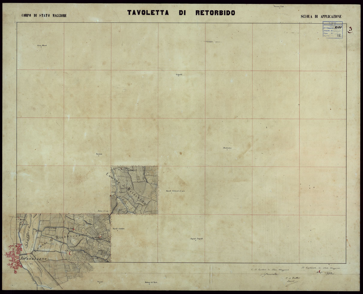 (N:23744) GRUPPO DI 132 FRAZIONI DI MINUTE DI CAMPAGNA ALLA SCALA 1:10.000 DEI RILEVAMENTI ESEGUITI NEL 1853-1867 - RETORBIDO - RILIEVI OPERATORE N. 3 (CA002352) Carte e stampe antiche: riproduzione a colori su carta (formato A1)