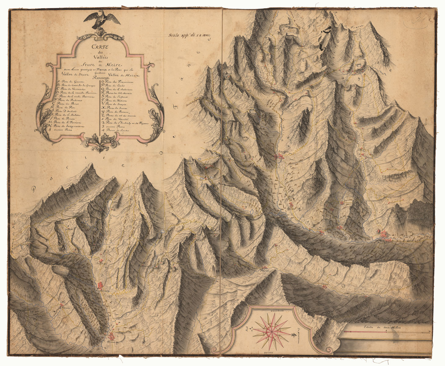 (N:4246) CARTE DES VALLEES DE STURE ET MEIRE AVEC LEURS PASSAGES UN FRANCE ET MEIRE AVEC LEURS PASSAGES EN FRANCE ET LES POSTES QUI LES GARDENTS (CA002385) Carte e stampe antiche: riproduzione a colori su carta (formato A1)