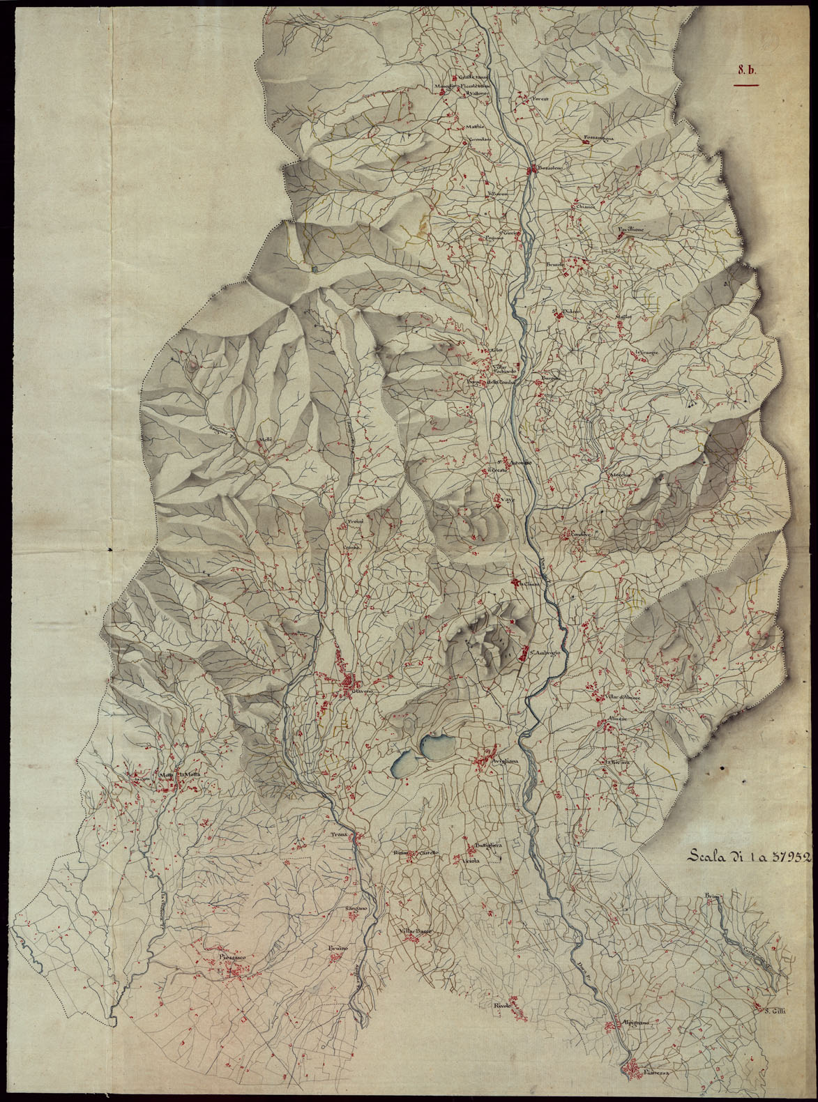 (N:5077) VALLE DELLA DORA RIPARIA COLLE SUE DIRAMAZIONI DALL'ORIGINE SINO A PIANEZZA E QUELLA DEL SANGONE SINO A BRUINO ALLA SCALA 1 A 37.952. (CA002396) Carte e stampe antiche: riproduzione a colori su carta (formato A1)