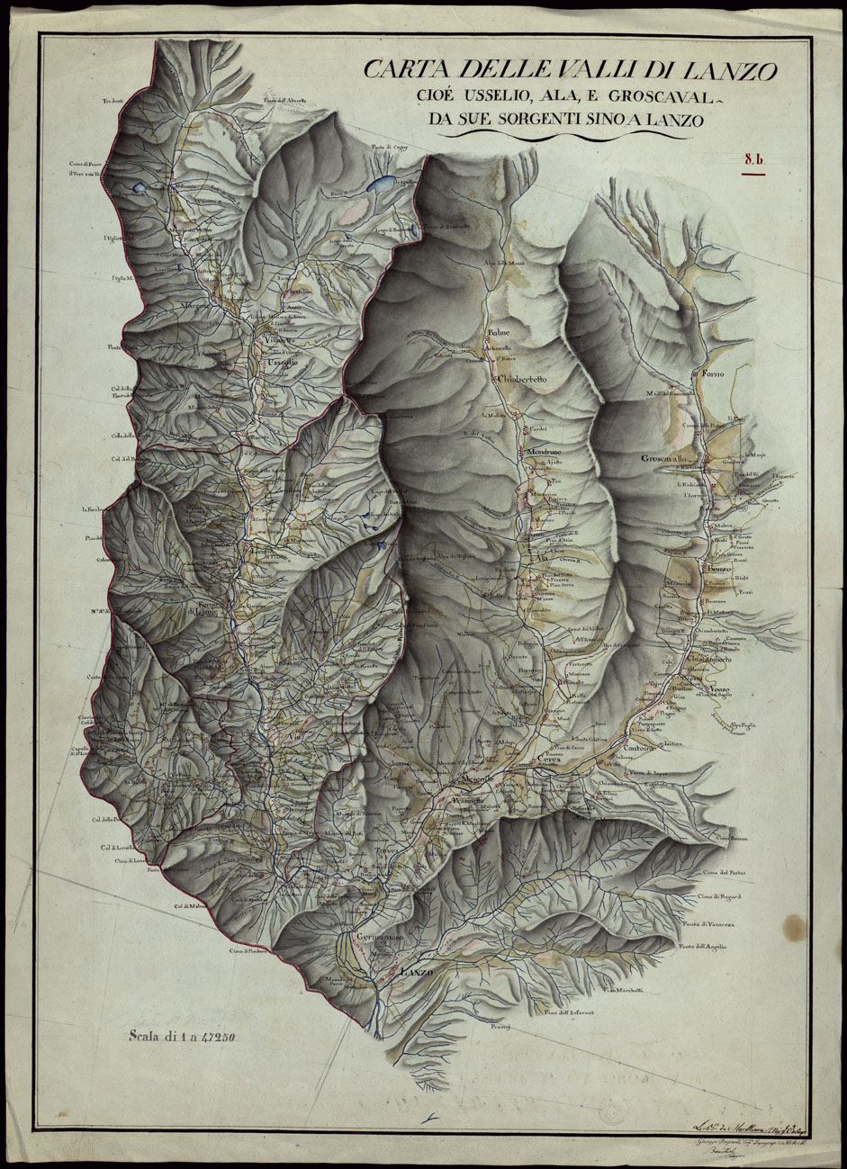 (N:5054) CARTA DELLE VALLI DI LANZO CIOE' USSELIO, ALA, E GROSCAVAL DA SUE SORGENTI SINO A LANZO - 8.B (CA002404) Carte e stampe antiche: riproduzione a colori su carta (formato A1)