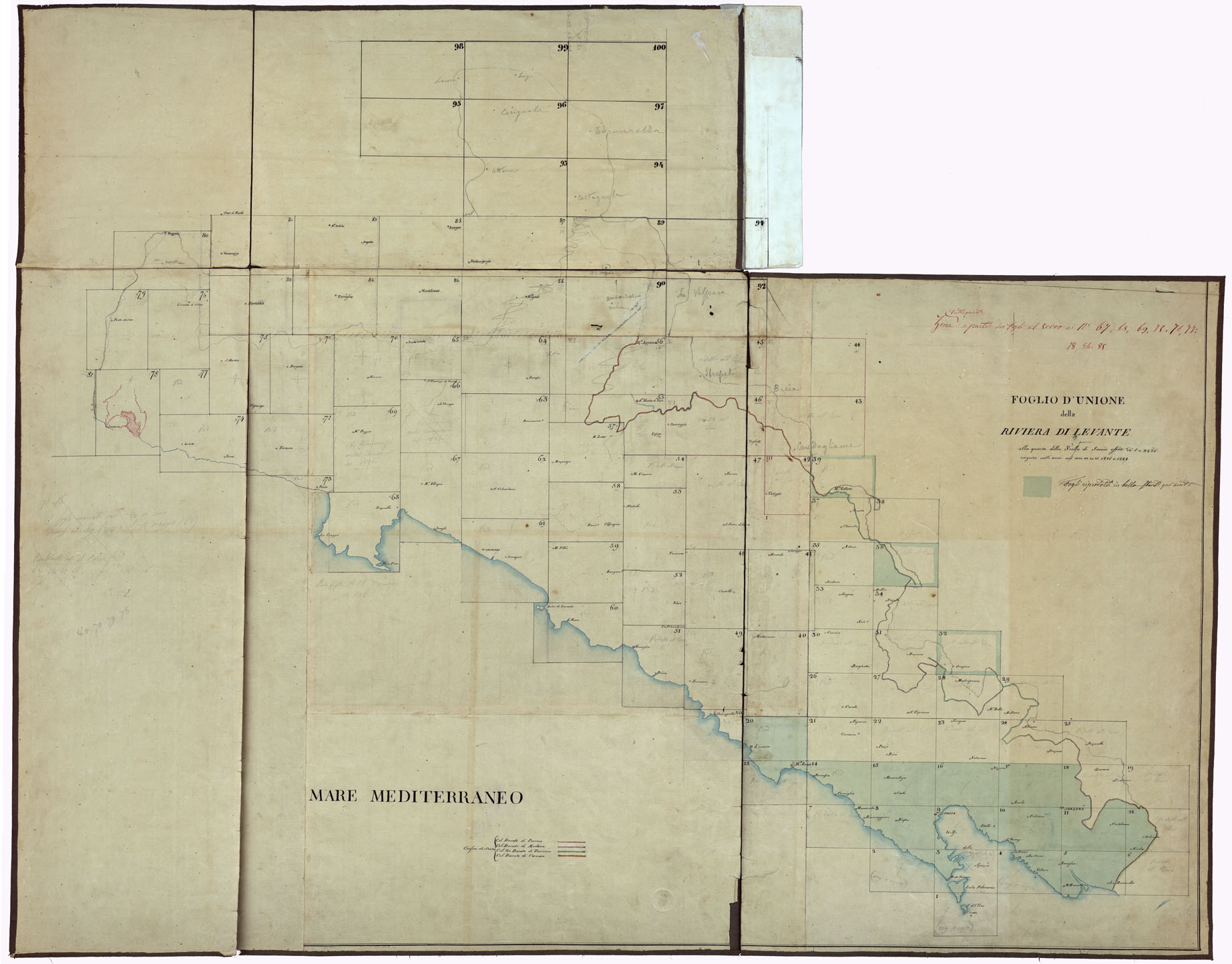 (N:16460) RIVIERA DI LEVANTE ALLA QUARTA DELLA SCALA DI SAVOIA OSSIA DI 1 A 9.450 ESEGUITA NEGLI ANNI 1816. 1822. 23. 24. 25. 1826 e 1827 - QUADRO D'UNIONE. (CA002503) Carte e stampe antiche: riproduzione a colori su carta (formato A1)