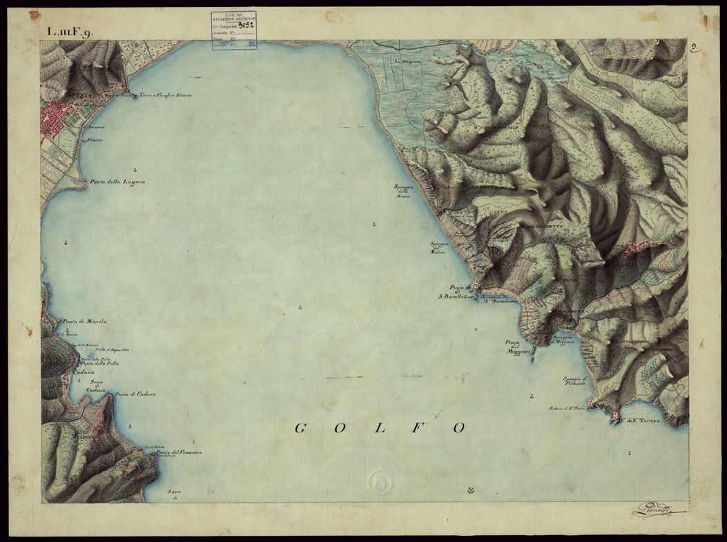 (N:16566) FOGLI IN NETTO D'UNA PARTE DEGLI ANTICHI RILIEVI DELLA SPEZIA SCALA DI 1: 9450 - FOGLIO 9. (CA002616) Carte e stampe antiche: riproduzione a colori su carta (formato A1)