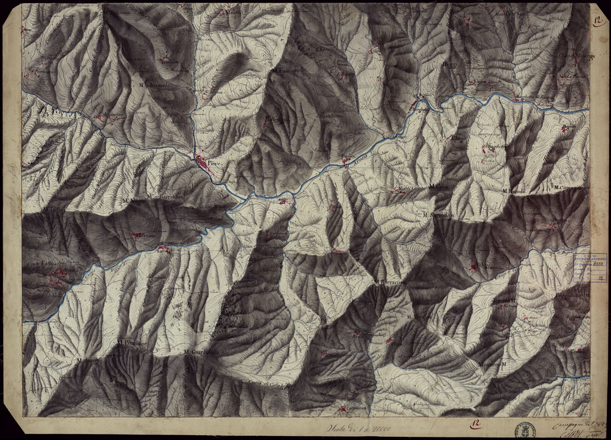 (N:15366) RICOGNIZIONI ESEGUITE ALLA SCALA DI 1/20.000 CHE COMPRENDANO LE DUE RIVIERE DEGLI EX STATI SARDI E PARTE DELLE ATTUALI PROVINCIE DI ALESSANDRIA  E DI PAVIA - FOGLIO 12. (CA002643) Carte e stampe antiche: riproduzione a colori su carta (formato A1)