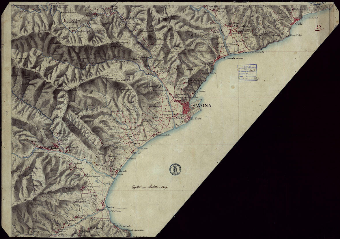 (N:15377) RICOGNIZIONI ESEGUITE ALLA SCALA DI 1/20.000 CHE COMPRENDANO LE DUE RIVIERE DEGLI EX STATI SARDI E PARTE DELLE ATTUALI PROVINCIE DI ALESSANDRIA  E DI PAVIA - FOGLIO 23. (CA002654) Carte e stampe antiche: riproduzione a colori su carta (formato A1)