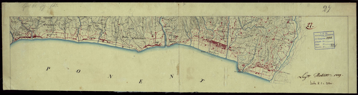 (N:15381) RICOGNIZIONI ESEGUITE ALLA SCALA DI 1/20.000 CHE COMPRENDANO LE DUE RIVIERE DEGLI EX STATI SARDI E PARTE DELLE ATTUALI PROVINCIE DI ALESSANDRIA  E DI PAVIA - FOGLIO 27. (CA002658) Carte e stampe antiche: riproduzione a colori su carta (formato A1)
