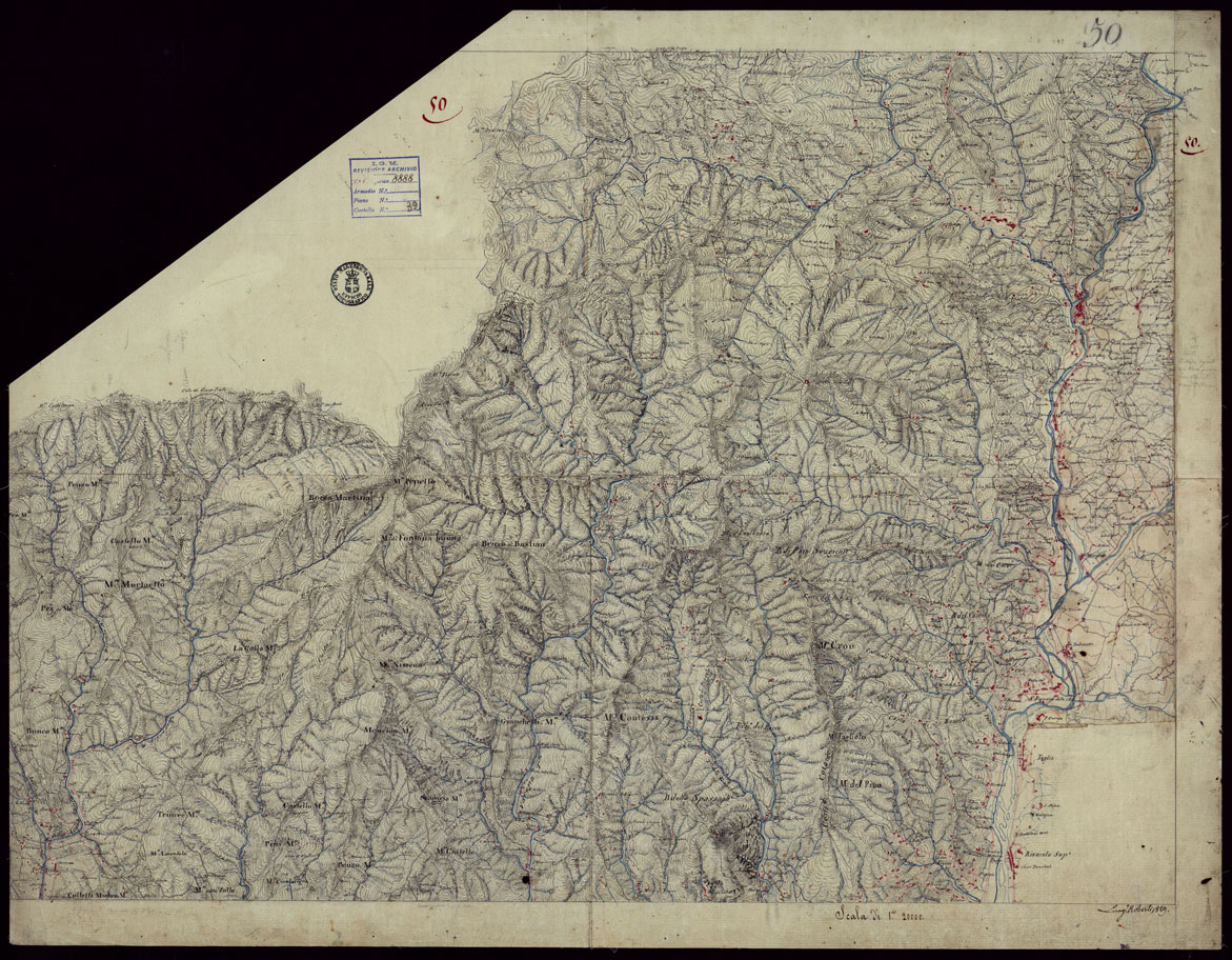 (N:15404) RICOGNIZIONI ESEGUITE ALLA SCALA DI 1/20.000 CHE COMPRENDANO LE DUE RIVIERE DEGLI EX STATI SARDI E PARTE DELLE ATTUALI PROVINCIE DI ALESSANDRIA  E DI PAVIA - FOGLIO 50. (CA002681) Carte e stampe antiche: riproduzione a colori su carta (formato A1)