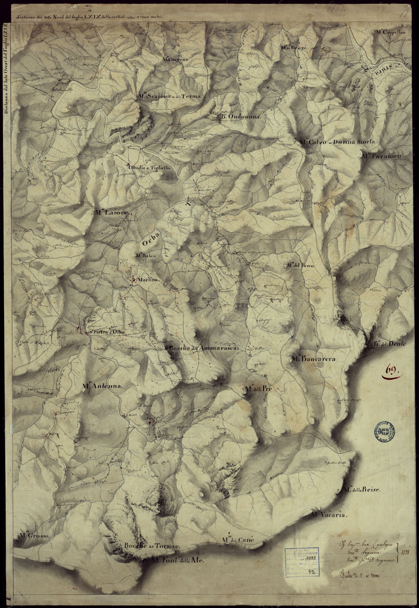 (N:15424) RICOGNIZIONI ESEGUITE ALLA SCALA DI 1/20.000 CHE COMPRENDANO LE DUE RIVIERE DEGLI EX STATI SARDI E PARTE DELLE ATTUALI PROVINCIE DI ALESSANDRIA  E DI PAVIA - FOGLIO 69. (CA002701) Carte e stampe antiche: riproduzione a colori su carta (formato A1)