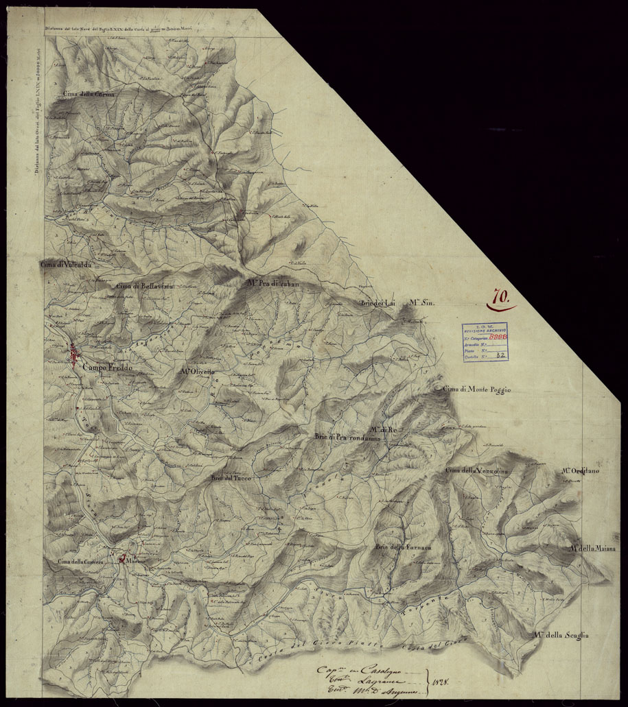 (N:15425) RICOGNIZIONI ESEGUITE ALLA SCALA DI 1/20.000 CHE COMPRENDANO LE DUE RIVIERE DEGLI EX STATI SARDI E PARTE DELLE ATTUALI PROVINCIE DI ALESSANDRIA  E DI PAVIA - FOGLIO 70. (CA002702) Carte e stampe antiche: riproduzione a colori su carta (formato A1)