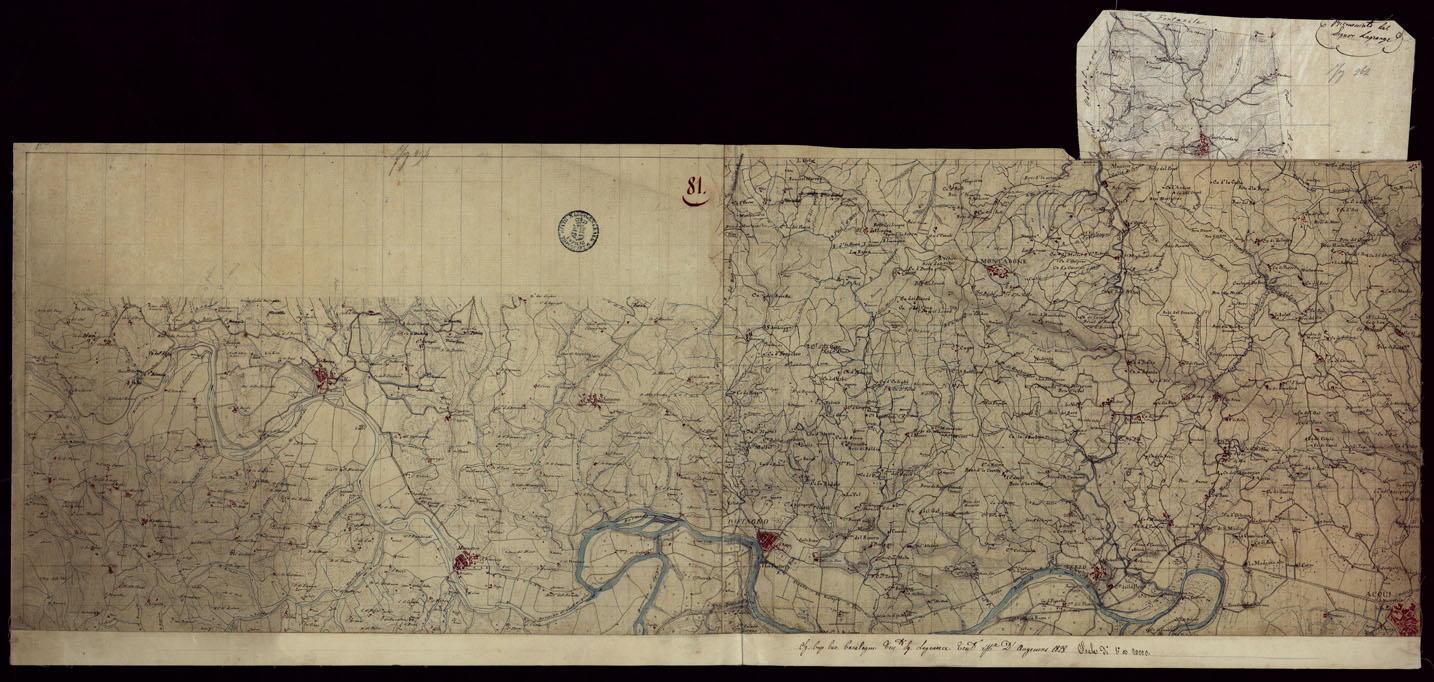 (N:15436) RICOGNIZIONI ESEGUITE ALLA SCALA DI 1/20.000 CHE COMPRENDANO LE DUE RIVIERE DEGLI EX STATI SARDI E PARTE DELLE ATTUALI PROVINCIE DI ALESSANDRIA  E DI PAVIA - FOGLIO 81. (CA002715) Carte e stampe antiche: riproduzione a colori su carta (formato A1)