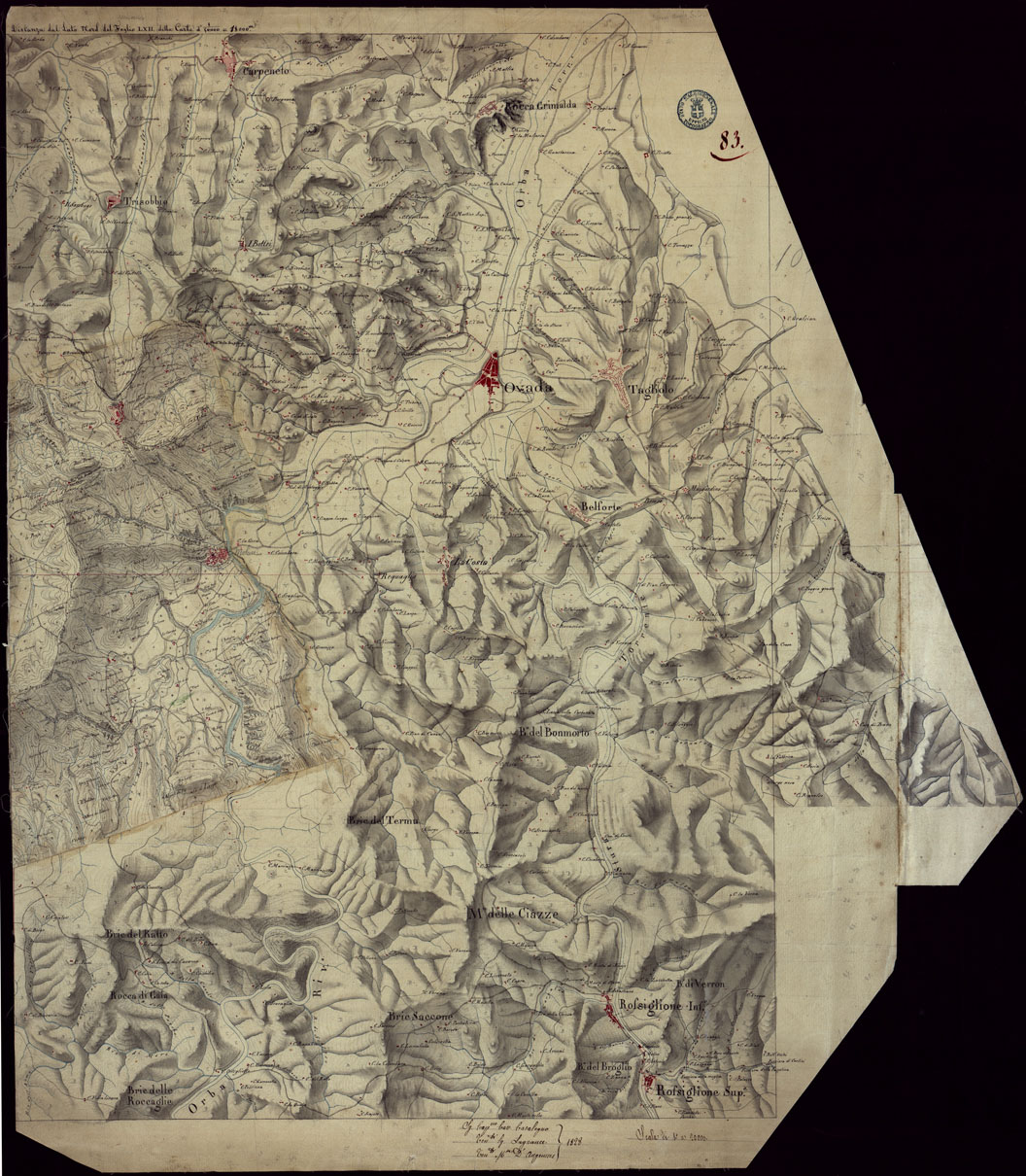 (N:15438) RICOGNIZIONI ESEGUITE ALLA SCALA DI 1/20.000 CHE COMPRENDANO LE DUE RIVIERE DEGLI EX STATI SARDI E PARTE DELLE ATTUALI PROVINCIE DI ALESSANDRIA  E DI PAVIA - FOGLIO 83. (CA002717) Carte e stampe antiche: riproduzione a colori su carta (formato A1)