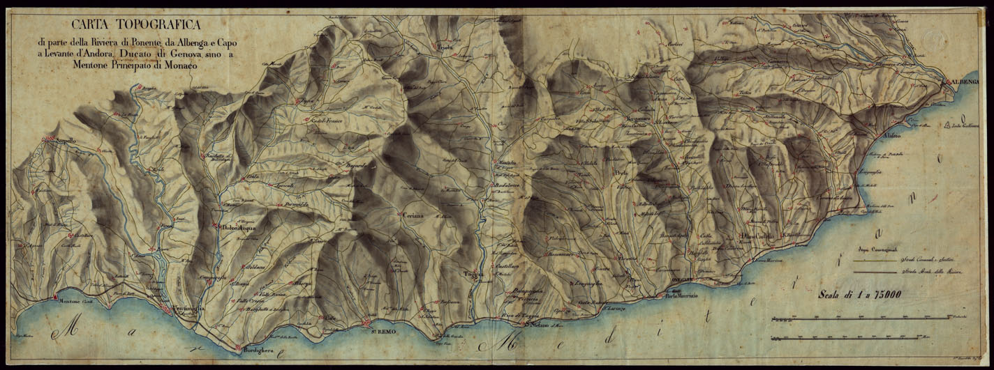 (N:7861) CARTA TOPOGRAFICA DI UNA PARTE DELLA RIVIERA DI PONENTE, DA ALBENGA E CAPO A LEVANTE D'ANDORA DUCATO DI GENOVA, SINO A MENTONE, E PRINCIPATO DI MONACO. (CA002788) Carte e stampe antiche: riproduzione a colori su carta (formato A1)