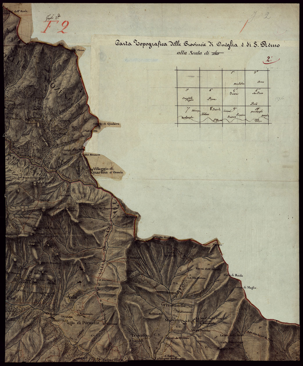 (N:7839) CARTA TOPOGRAFICA DELLA PROVINCIA DI ONEGLIA E DI S. REMO - FOGLIO 2 QUADRO D'UNIONE (CA002915) Carte e stampe antiche: riproduzione a colori su carta (formato A1)