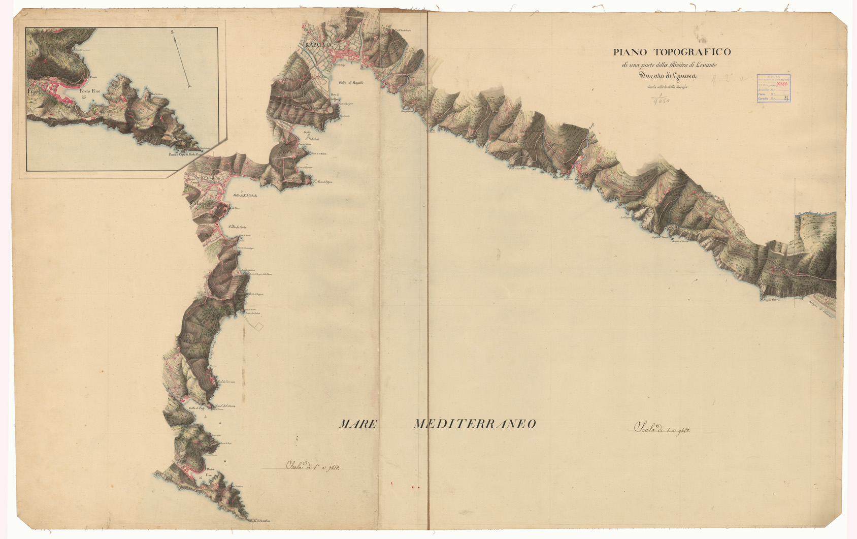 (N:24132) PIANO TOPOGRAFICO DI UNA PARTE DELLA RIVIERA DI LEVANTE DUCATO DI GENOVA SCALA 1/4 DELLA SAVOIA - FOGLIO UNICO. (CA002927) Carte e stampe antiche: riproduzione a colori su carta (formato A1)