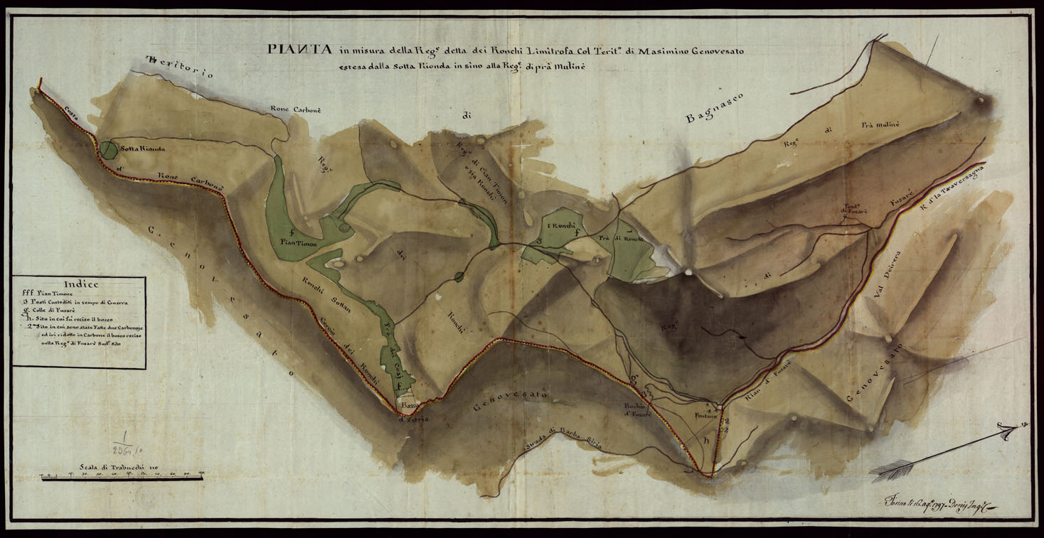 (N:13971) PIANTA IN MISURA DELLA REG.E DETTA DEI RONCHI LIMITROFA COL TERIT.O DI MASIMINO GENOVESATO ESTESA DALLA SOTTO RIONDA IN SINO ALLA REG.E DI PRA' MOLINE. (CA002930) Carte e stampe antiche: riproduzione a colori su carta (formato A1)