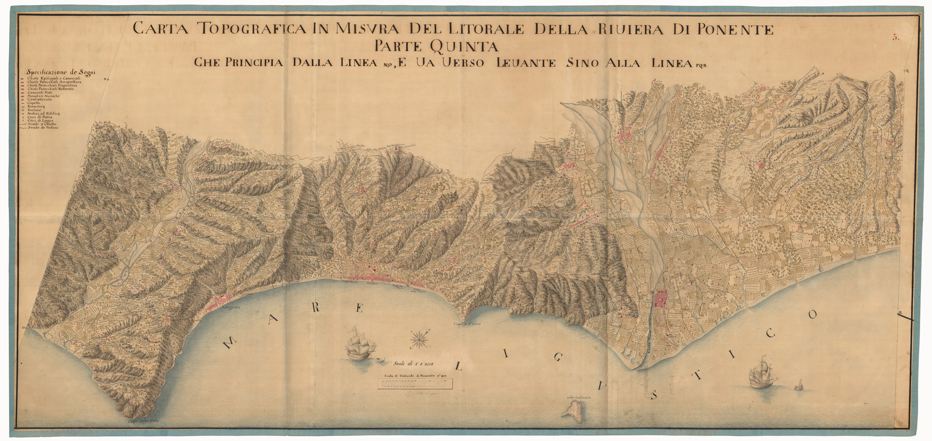 (N:1452) CARTA TOPOGRAFICA IN MISURA DEL LITORALE DELLA RIVERA DI PONENTE PARTE SESTA CHE PRINCIPIA DALLA LINEA PQR, E VA VERSO LEVANTE SINO ALLA CROCE DI FOLASCA RIVIERA DI PONENTE - FOGLIO 5 SEGNI CONVENZIONALI. (CA002950, CA002951) Carte e stampe antiche: riproduzione a colori su carta (formato A1)