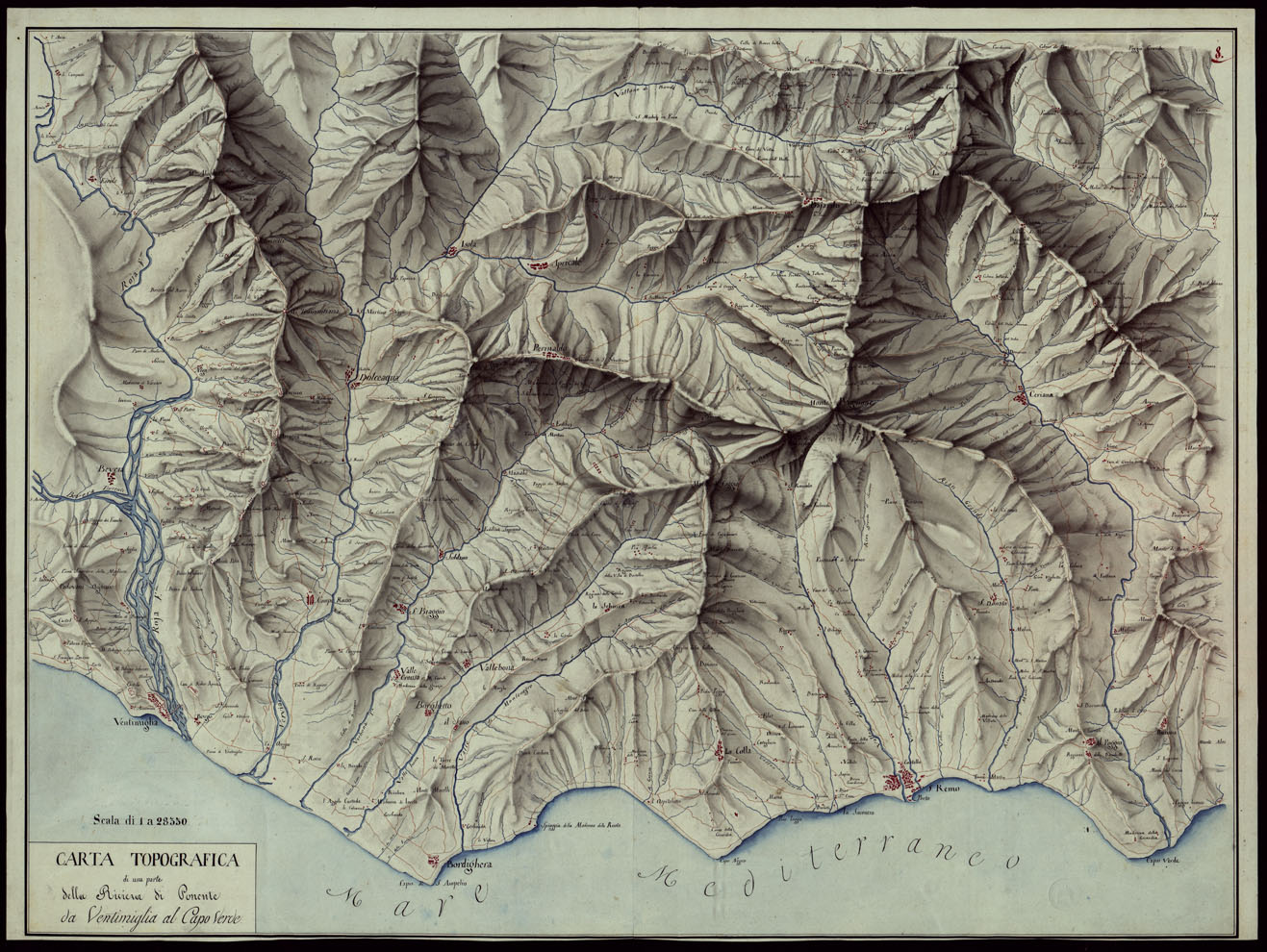 (N:4092) CARTA TOPOGRAFICA DI UNA PARTE DELLA RIVIERA DI PONENTE DA VENTIMIGLIA AL CAPO VERDE. (CA002972) Carte e stampe antiche: riproduzione a colori su carta (formato A1)