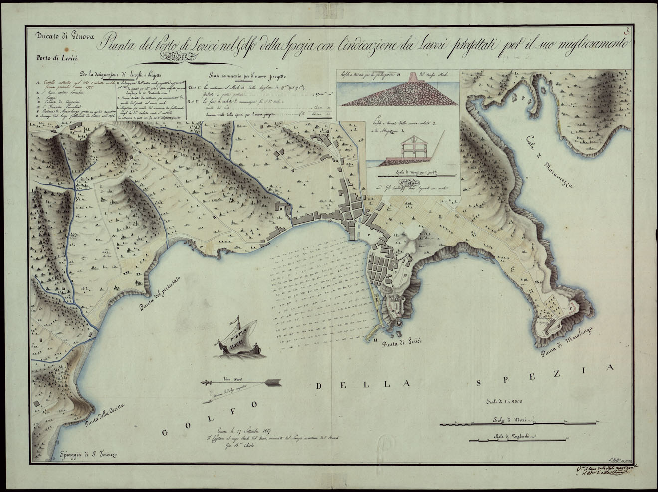 (N:13562) PIANTA DEL GOLFO DI LERICI NEL GOLFO DELLA SPEZIA CON L'INDICAZIONE DEI LAVORI PROGETTATI PER IL SUO MIGLIORAMENTO - DUCATO DI GENOVA PORTO DI LERICI. (CA002987) Carte e stampe antiche: riproduzione a colori su carta (formato A1)