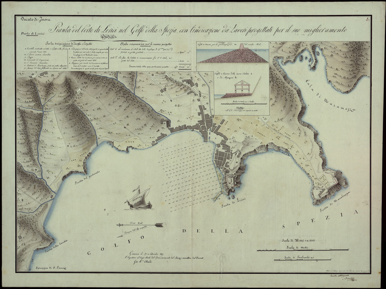 (N:17977) PIANTA DEL GOLFO DI LERICI NEL GOLFO DELLA SPEZIA CON L'INDICAZIONE DEI LAVORI PROGETTATI PER IL SUO MIGLIORAMENTO DUCATO DI GENOVA PORTO DI LERICI.
 (CA002988) Carte e stampe antiche: riproduzione a colori su carta (formato A1)