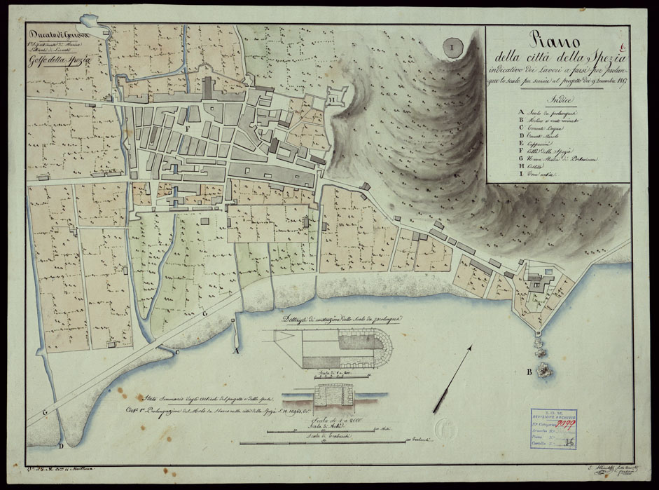 (N:23813) PIANO DELLA CITTA'DELLA SPEZIA INDICATIVO DEI LAVORI A FARSI PER PROLUNGARE LO SCALO PER SERVIRE AL PROGETTO DEI 9 DICEMBRE 1817 - DUCATO DI GENOVA 1 DIPARTIMENTO DI MARINA LITTORALE DI LEVANTE GOLFO DELLA SPEZIA. (CA003001) Carte e stampe antiche: riproduzione a colori su carta (formato A1)