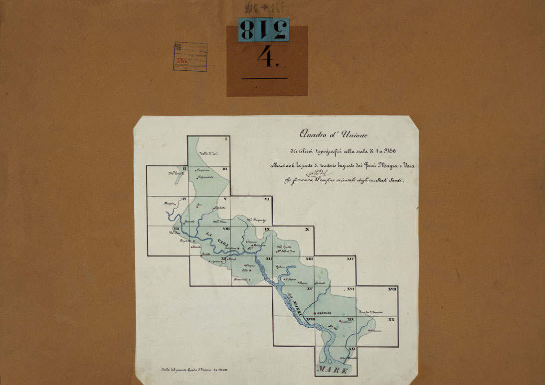 (N:14513) RILIEVI TOPOGRAFICI ALLA SCALA DI 1 a 9.450 ABBRACCIANTI LA PARTE DI TERRITORIO BAGNATO DAI FIUMI MAGRA E VARA CHE FORMAVA PARTE DEL CONFINE ORIENTALE DEGLI EX STATI SARDi - QUADRO D'UNIONE. (CA003009) Carte e stampe antiche: riproduzione a colori su carta (formato A1)