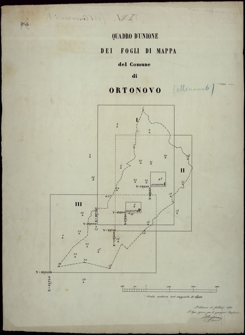 (N:12111) MAPPA ORIGINALE DEL COMUNE DI ORTONOVO - QUADRO D'UNIONE DEI FOGLI DI MAPPA DEL COMUNE DI ORTONOVO (CA003034) Carte e stampe antiche: riproduzione a colori su carta (formato A1)