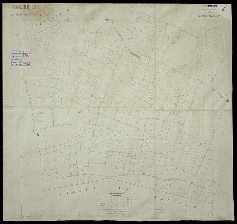 (N:23828) COMUNE DI ORTONOVO FOGLIO CHILOMETRICO 12-15 ALLA SCALA DI 1:2.500 ESPERIMENTO DI RILEVAMENTO PARCELLARE COL METODO ANGOLARE. (CA003099) Carte e stampe antiche: riproduzione a colori su carta (formato A1)