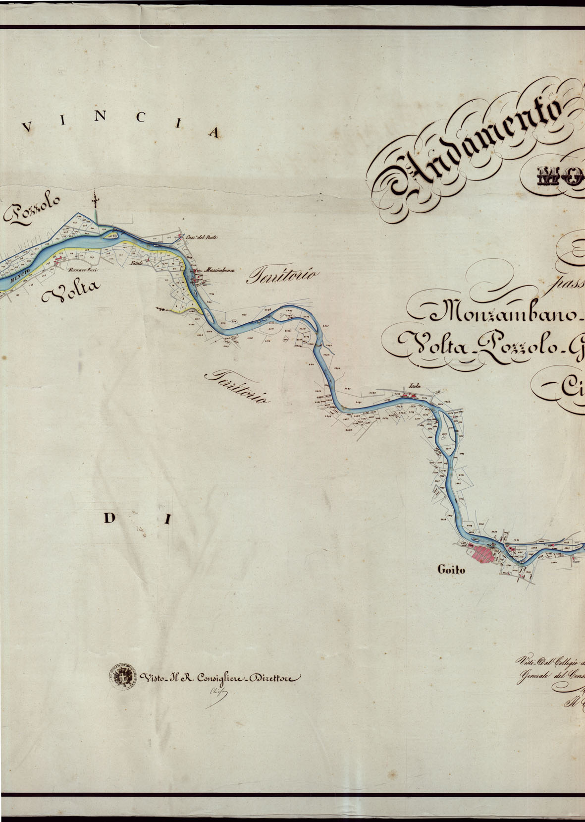 (N:6011) ANDAMENTO DEL FIUME MINCIO MONZABANO alle GRAZIE PASSANDO PEI TERRITORI DI MONZAMBANO-BORGHETTO FRAZIONE DI VALEGGIO VOLTA-POZZOLO-GOITO-RIVALTA FRAZIONE DI ROVIGO CITTADELLA DI PORTO. (CA003151, CA003152, CA003154, CA003153, CA003155) Carte e stampe antiche: riproduzione a colori su carta (formato A1)
