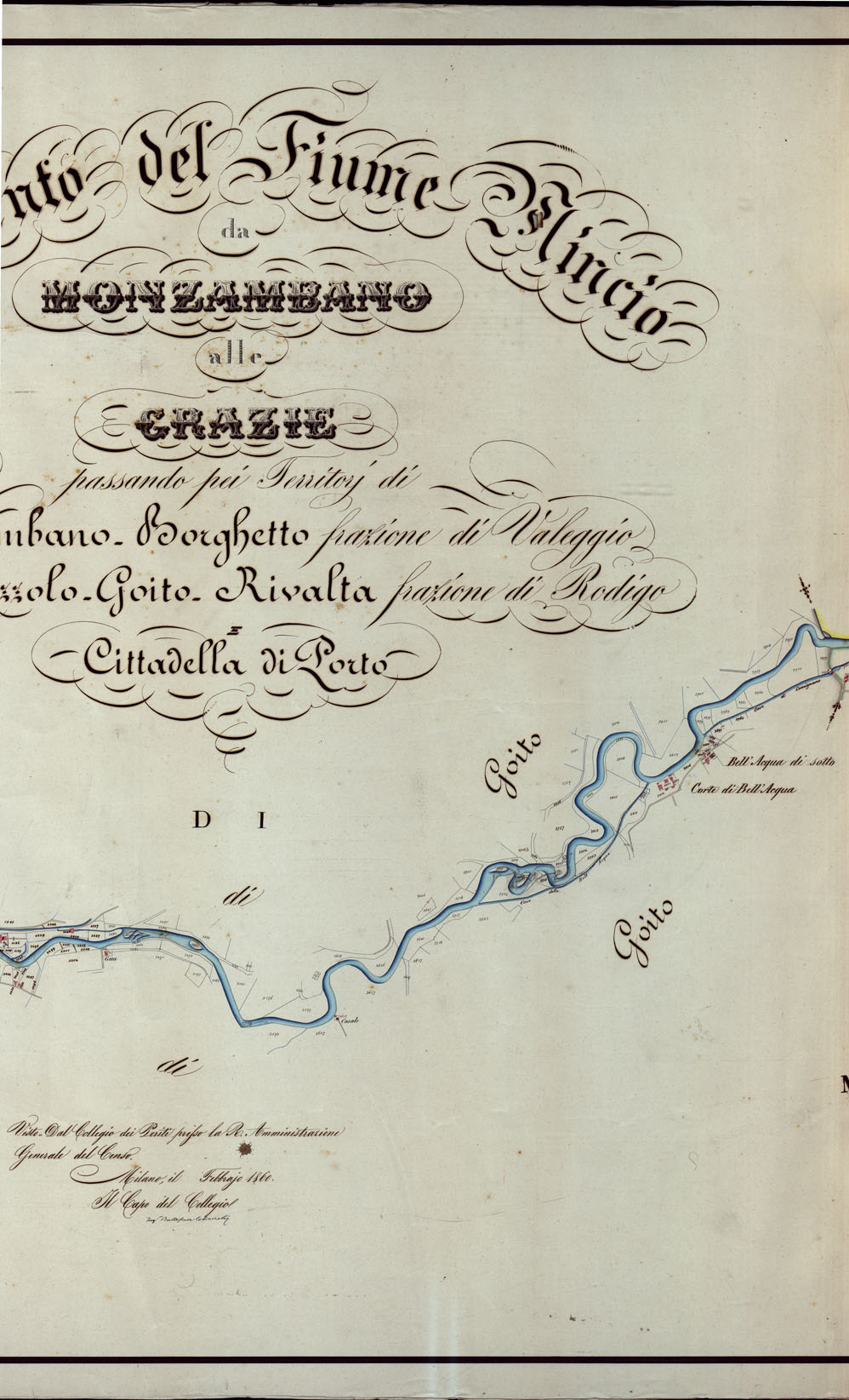 (N:6011) ANDAMENTO DEL FIUME MINCIO MONZABANO alle GRAZIE PASSANDO PEI TERRITORI DI MONZAMBANO-BORGHETTO FRAZIONE DI VALEGGIO VOLTA-POZZOLO-GOITO-RIVALTA FRAZIONE DI ROVIGO CITTADELLA DI PORTO. (CA003151, CA003152, CA003154, CA003153, CA003155) Carte e stampe antiche: riproduzione a colori su carta (formato A1)