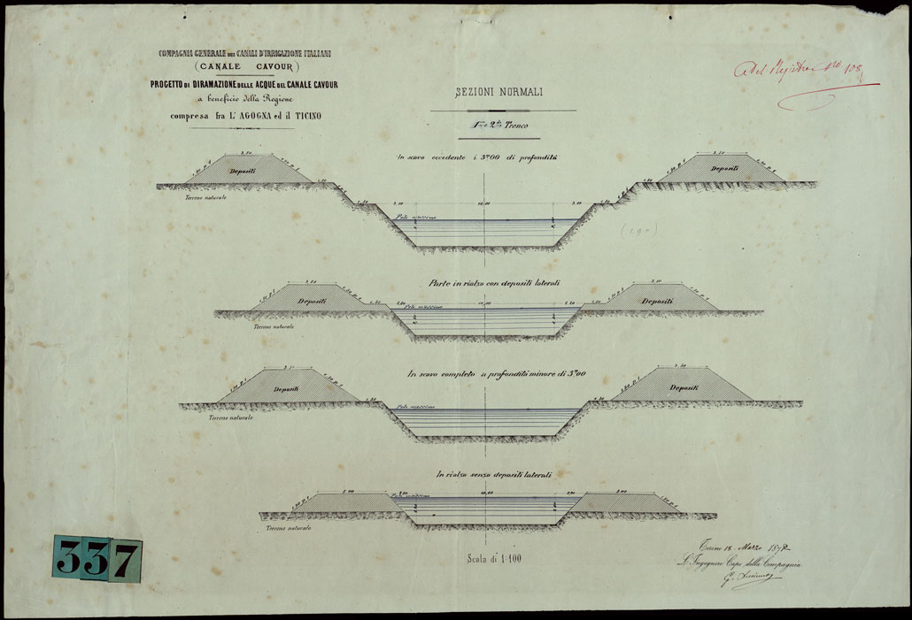 (N:23874) COMPAGNIA GENERALE DEI CANALI D'IRRIGAZIONE ITALIANI (CANALE CAVOUR) PROGETTO DI DIRAMAZIONE DELLE ACQUE DEL CANALE CAVOUR A BENEFICIO DELLA REGIONE COMPRESA FRA L'AGOGNA ED IL TICINO - TRONCO 1 E 2 (CA003174) Carte e stampe antiche: riproduzione a colori su carta (formato A1)
