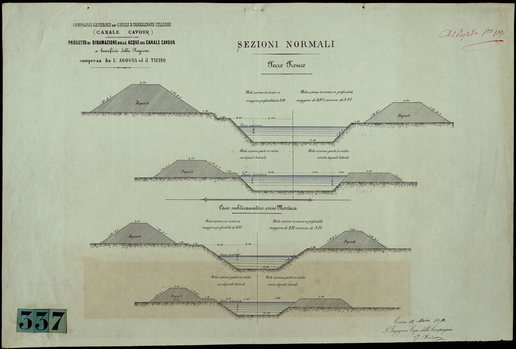 (N:23875) COMPAGNIA GENERALE DEI CANALI D'IRRIGAZIONE ITALIANI (CANALE CAVOUR) PROGETTO DI DIRAMAZIONE DELLE ACQUE DEL CANALE CAVOUR A BENEFICIO DELLA REGIONE COMPRESA FRA L'AGOGNA ED IL TICINO - TRONCO 3 (CA003175) Carte e stampe antiche: riproduzione a colori su carta (formato A1)