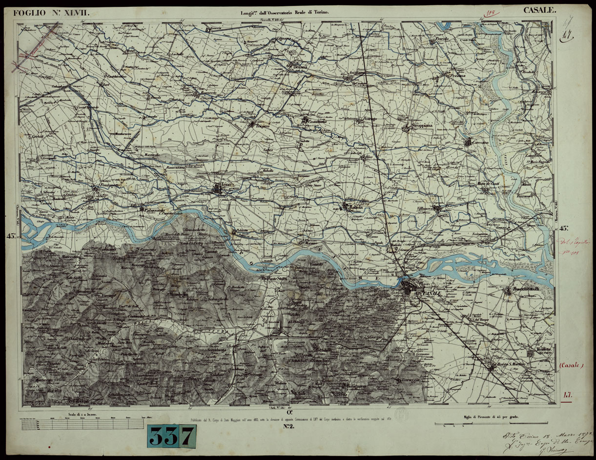 (N:23881) COMPAGNIA GENERALE DEI CANALI D'IRRIGAZIONE ITALIANI (CANALE CAVOUR) PROGETTO DI DIRAMAZIONE DELLE ACQUE DEL CANALE CAVOUR A BENEFICIO DELLA REGIONE  COMPRESA FRA L'AGOGNA ED IL TICINO - FOGLIO XLVII CASALE. (CA003181) Carte e stampe antiche: riproduzione a colori su carta (formato A1)