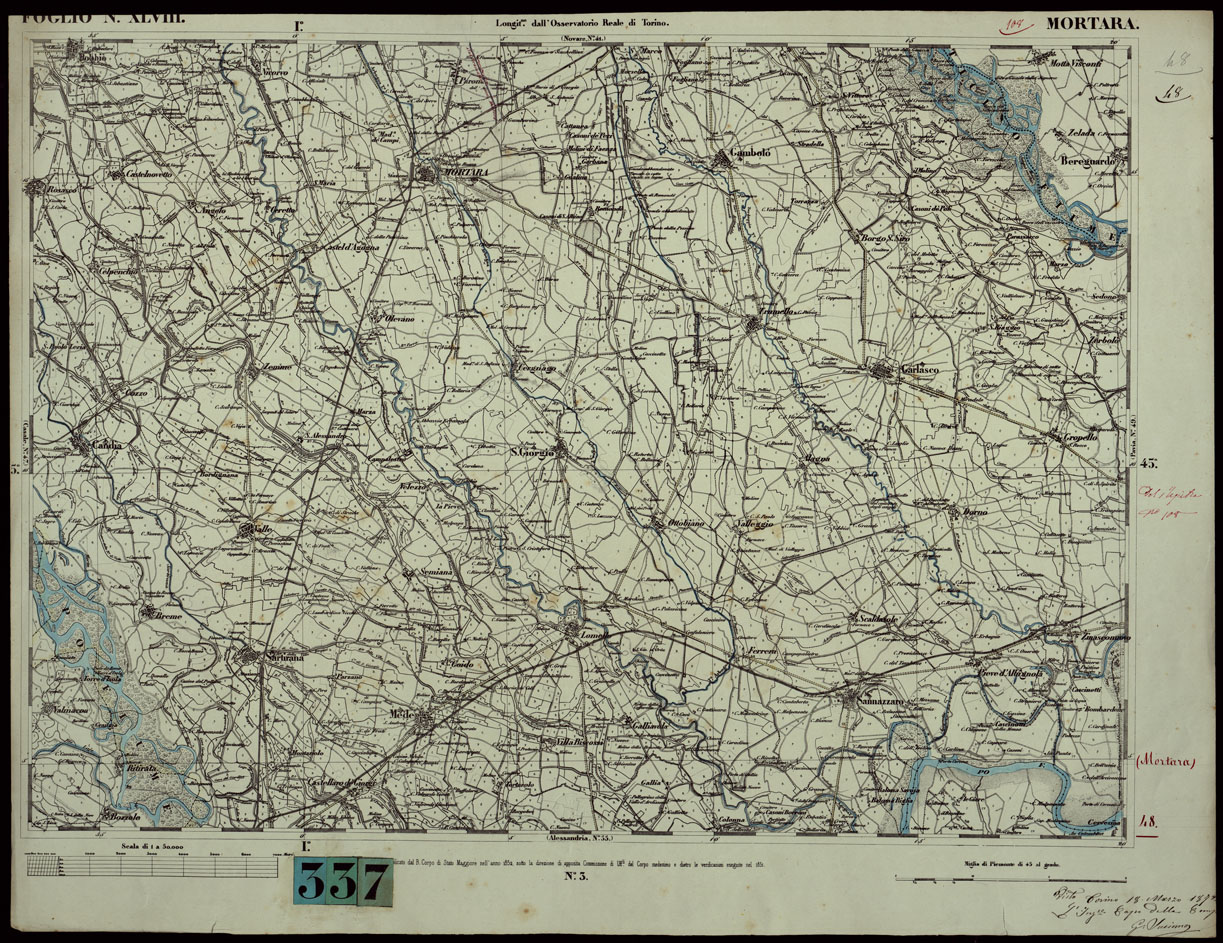 (N:23882) COMPAGNIA GENERALE DEI CANALI D'IRRIGAZIONE ITALIANI (CANALE CAVOUR) PROGETTO DI DIRAMAZIONE DELLE ACQUE DEL CANALE CAVOUR A BENEFICIO DELLA REGIONE COMPRESA FRA L'AGOGNA ED IL TICINO - FOGLIO XLVIII MORTARA. (CA003182) Carte e stampe antiche: riproduzione a colori su carta (formato A1)
