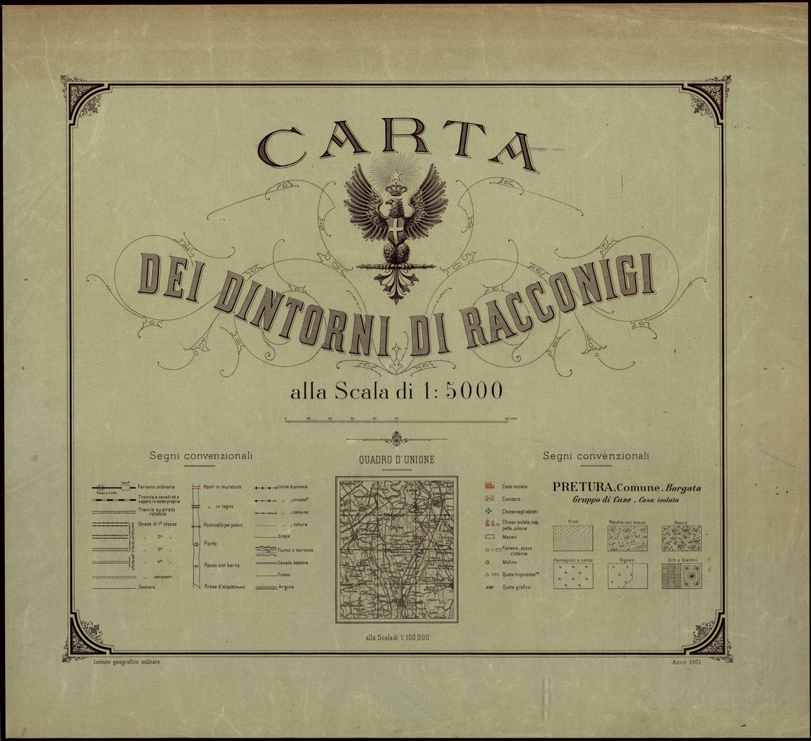 (N:23883) CARTA DEI DINTORNI DI RACCONIGI - QUADRO D'UNIONE  E SEGNI CONVENZIONALI. (CA003183) Carte e stampe antiche: riproduzione a colori su carta (formato A1)
