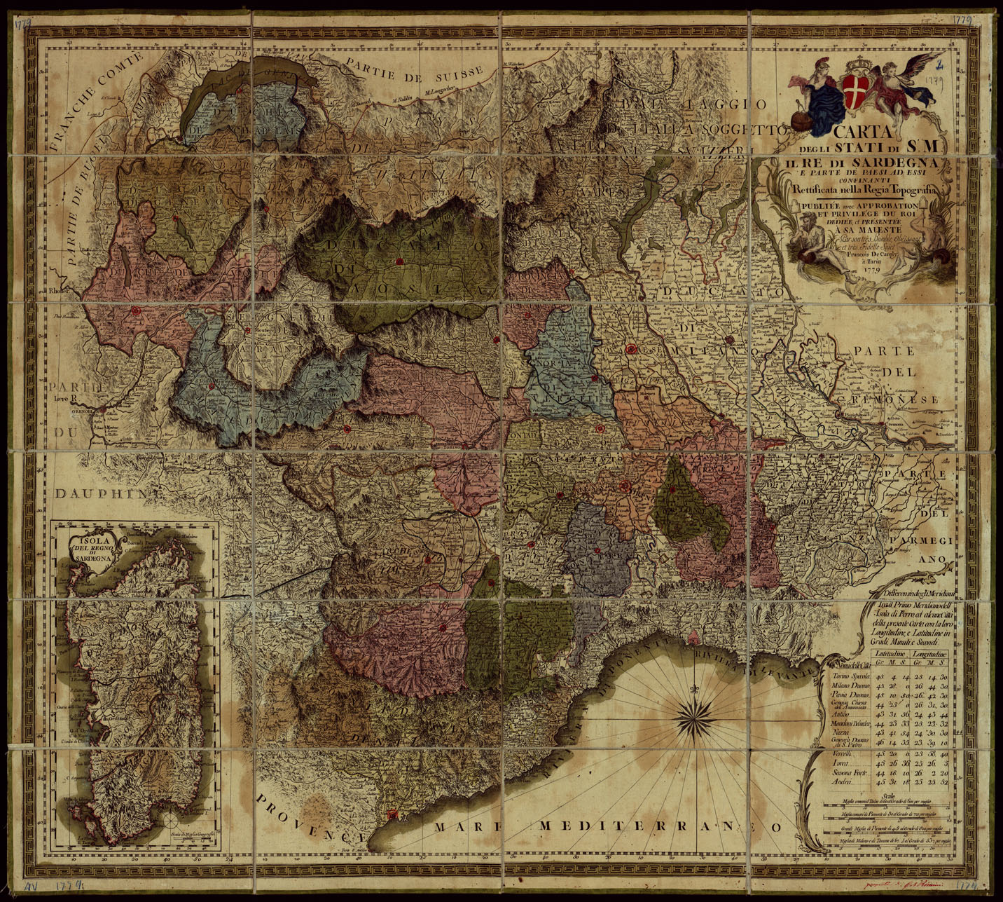 (N:13792) CARTA degli STATI DI S.M. IL RE DI SARDEGNA E PARTE DE PAESI A ESSI CONFINANTI RETTIFICATA NELLA REGIA TOPOGRAFIA. (CA003231) Carte e stampe antiche: riproduzione a colori su carta (formato A1)