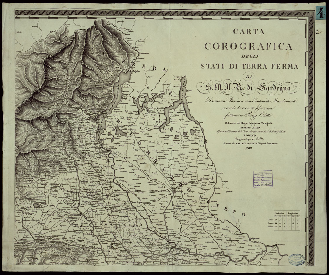 (N:15717) CARTA COROGRAFICA DEGLI STATI DI TERRA FERMA DI S.M. IL RE DI SARDEGNA, DIVISA IN PROVINCIE E IN CANTONI DE' MANDAMENTI SECONDO LA RECENTE FISSAZIONE FATTANE CO' REGI EDITTI. - FOGLIO 2 (CA003235) Carte e stampe antiche: riproduzione a colori su carta (formato A1)